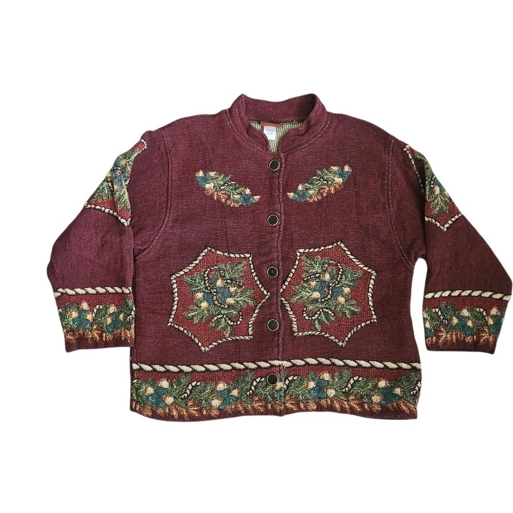VTG Women's Embroidered Tapestry Jacket Christmas Design Sz L/XL Novelty Holiday